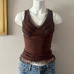 Brown Pleated V-Neck Camisole with Sheer Trim